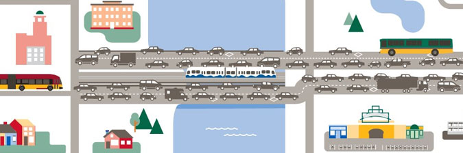 Illustration showing a highway full of cars, buses and light rail.
