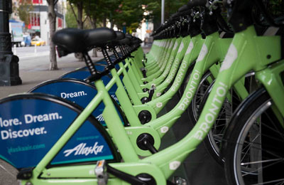 A rack of rental bikes