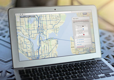Laptop with interactive map on the screen