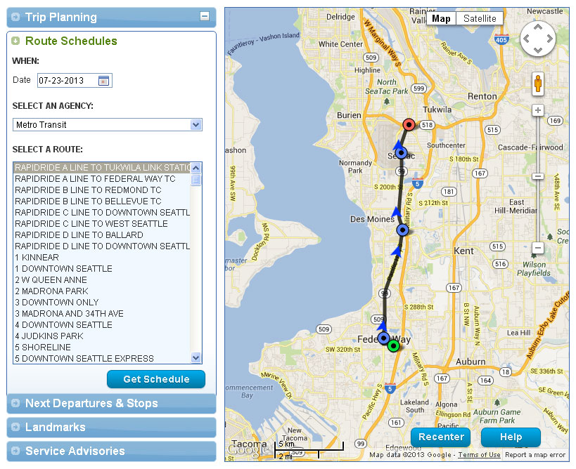 Choose a route schedule and view the route on the interactive map.
